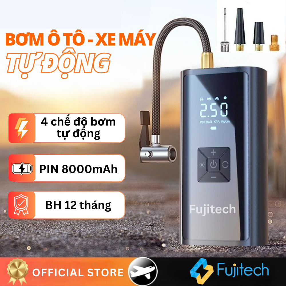 Máy Bơm Lốp Xe ÔTô-Xe Máy FUJITECH, PIN 8000mAh, Bơm Nhanh Tự Động Ngắt ...