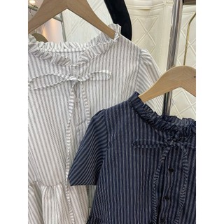 Áo Sơ Mi Nữ Babydoll Cổ Yếm Dây Buộc – Vải Kẻ Thô Phong Cách Tiểu Thư Cute
