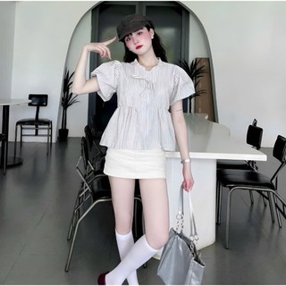 Áo Sơ Mi Nữ Babydoll Cổ Yếm Dây Buộc – Vải Kẻ Thô Phong Cách Tiểu Thư Cute