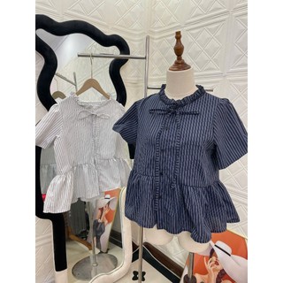Áo Sơ Mi Nữ Babydoll Cổ Yếm Dây Buộc – Vải Kẻ Thô Phong Cách Tiểu Thư Cute
