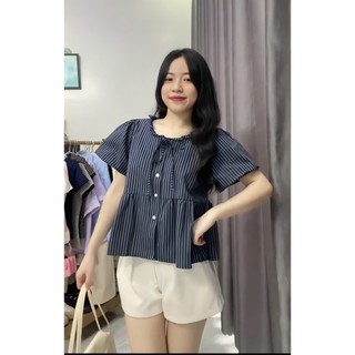 Áo Sơ Mi Nữ Babydoll Cổ Yếm Dây Buộc – Vải Kẻ Thô Phong Cách Tiểu Thư Cute