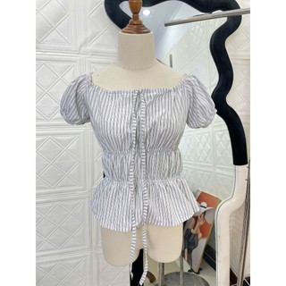 Áo Babydoll Nữ Cổ Vuông Chiết Eo Tay Phồng – Dây Buộc Nơ Ngực Vải Kẻ Thô Phong Cách Tiểu Thư Cute