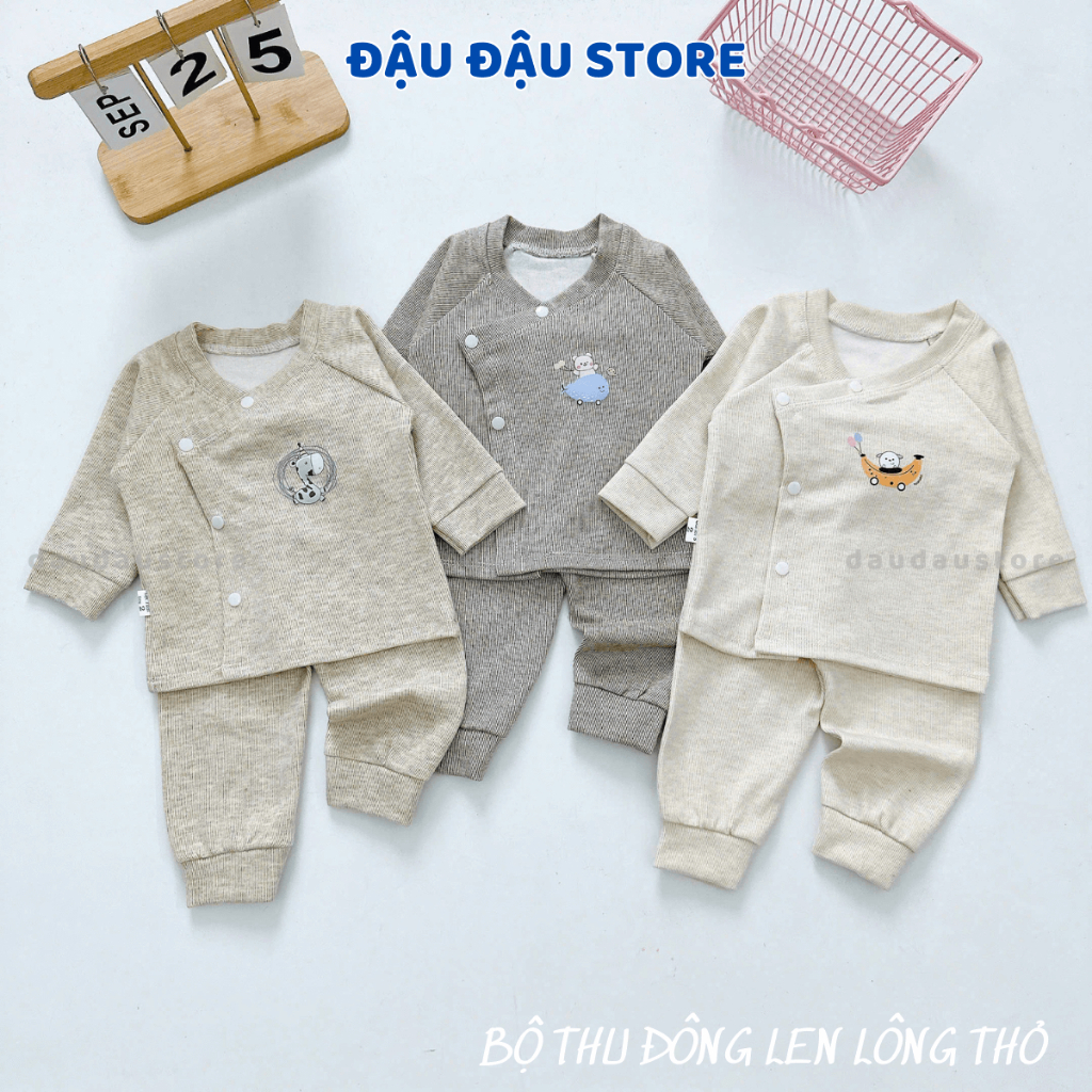 Set 3/5 Bộ Dài Tay Thu Đông Chất Len Lông Thỏ - Quần Đáp Mông Mềm Mại ấm áp cho bé sơ sinh 3-9kg BLEN00 Đậu Đậu Store