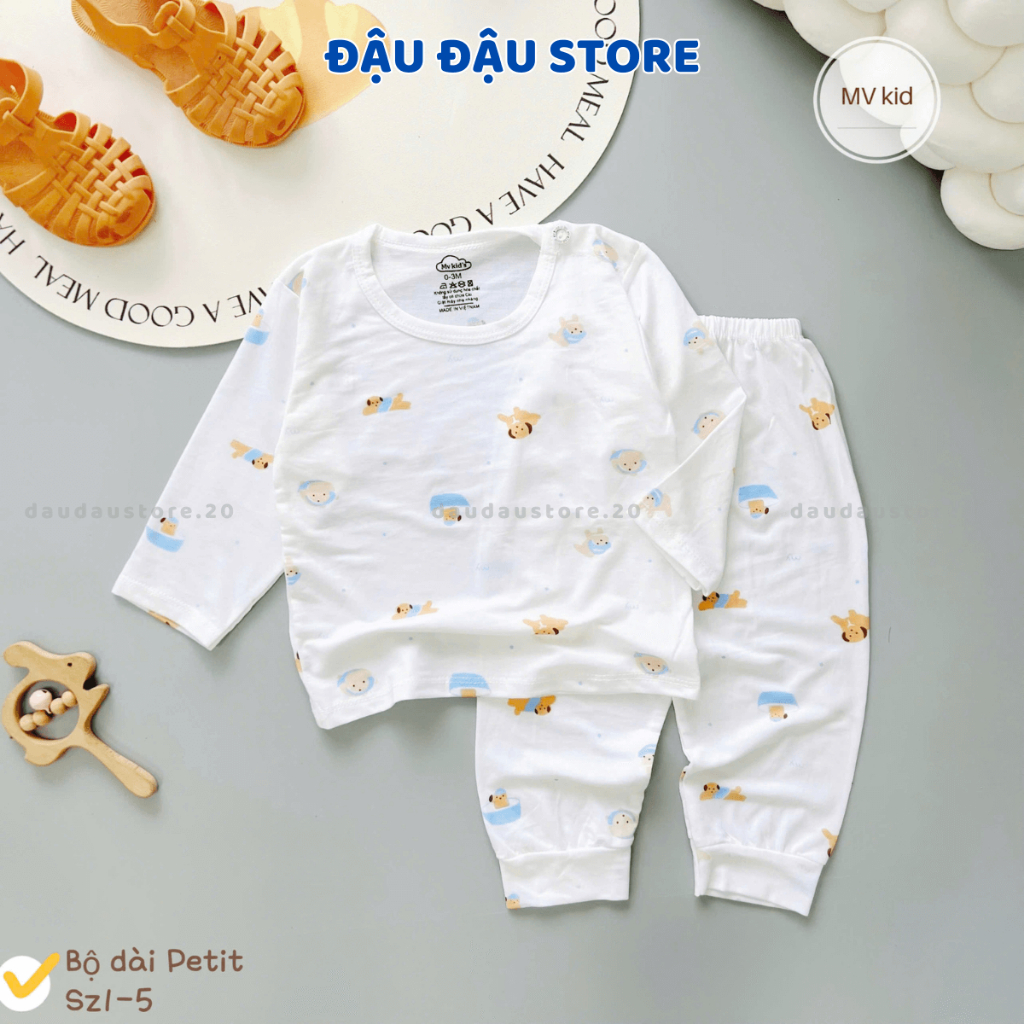 [Bộ Dài Cài Vai] Set 2/3 Bộ Dài Tay Trắng Thun Petit In hoạ tiết mềm mịn cho bé trai bé gái 3-13kg MV-DL20 Đậu Đậu Store