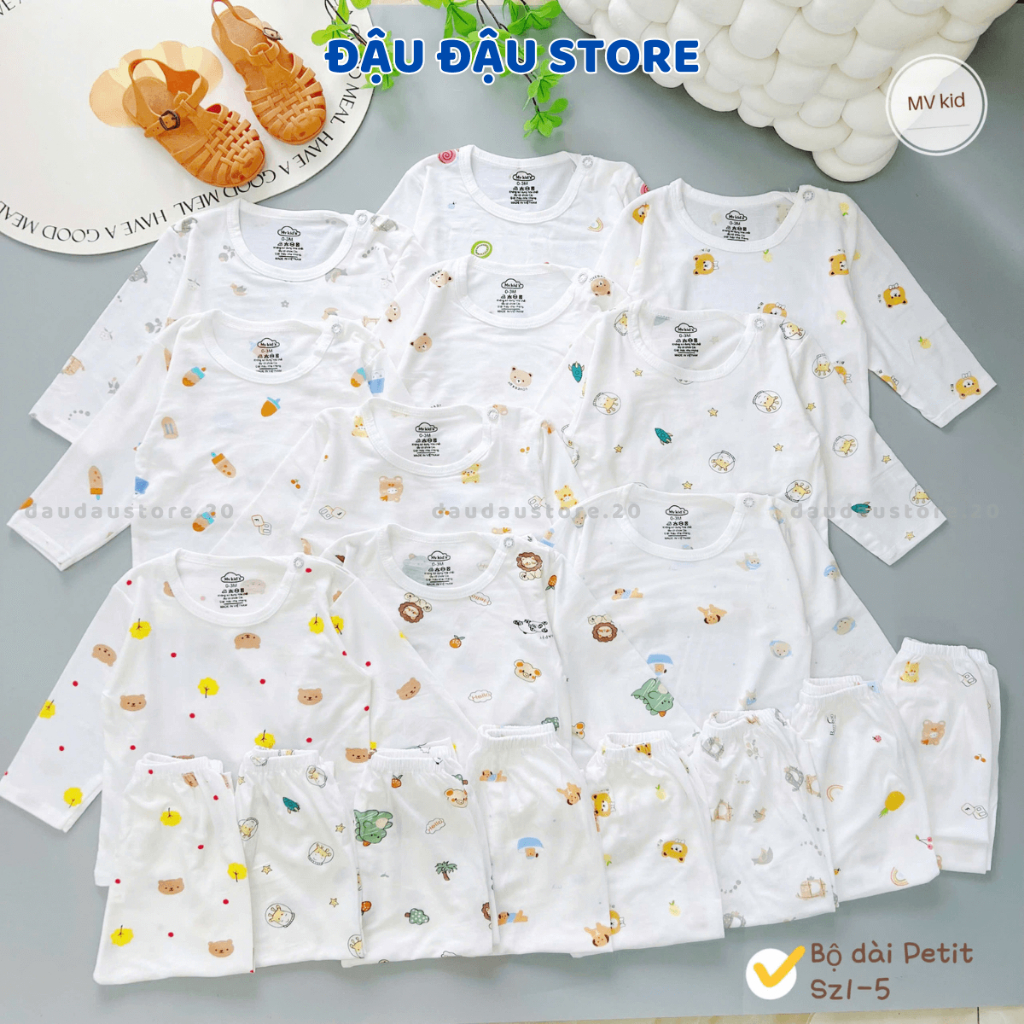 [Bộ Dài Cài Vai] Set 2/3 Bộ Dài Tay Trắng Thun Petit In hoạ tiết mềm mịn cho bé trai bé gái 3-13kg MV-DL20 Đậu Đậu Store