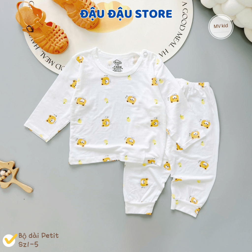 [Bộ Dài Cài Vai] Set 2/3 Bộ Dài Tay Trắng Thun Petit In hoạ tiết mềm mịn cho bé trai bé gái 3-13kg MV-DL20 Đậu Đậu Store