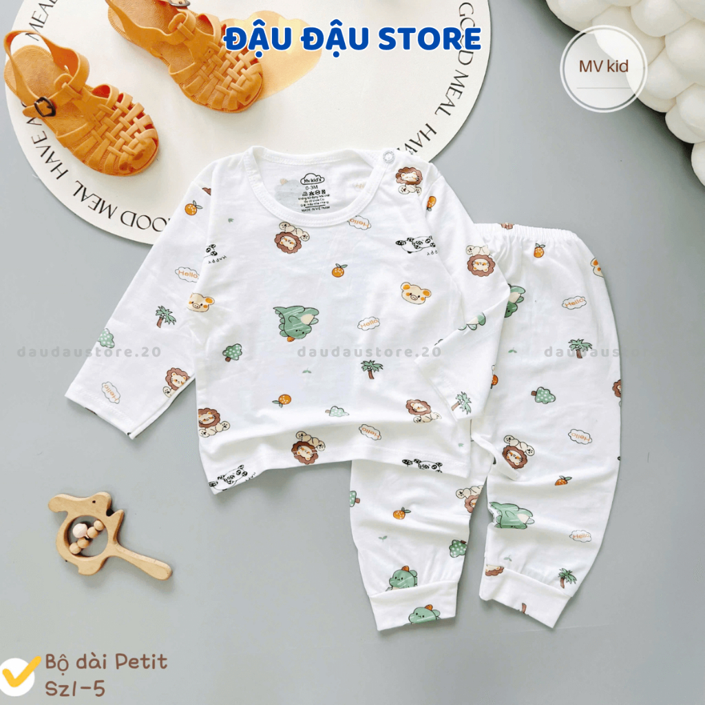 [Bộ Dài Cài Vai] Set 2/3 Bộ Dài Tay Trắng Thun Petit In hoạ tiết mềm mịn cho bé trai bé gái 3-13kg MV-DL20 Đậu Đậu Store