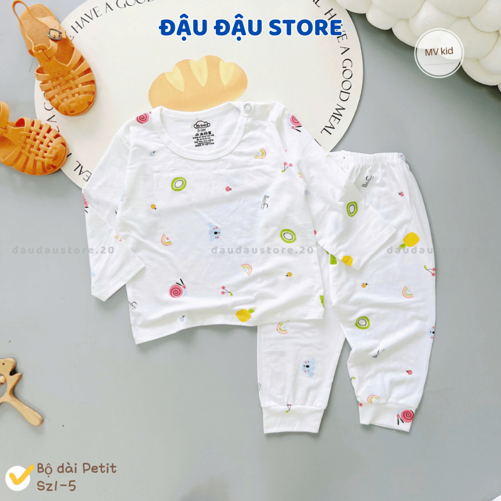 [Bộ Dài Cài Vai] Set 2/3 Bộ Dài Tay Trắng Thun Petit In hoạ tiết mềm mịn cho bé trai bé gái 3-13kg MV-DL20 Đậu Đậu Store