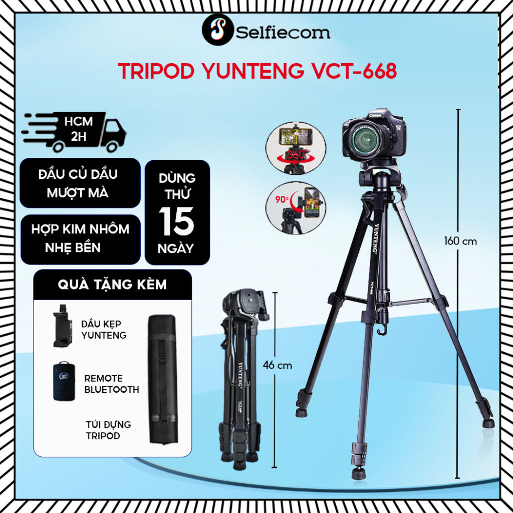 Chân máy ảnh điện thoại Yunteng VCT-668 – Tripod cao 160cm, tải 3kg, gấp gọn 46cm, đầu xoay mượt, kèm remote Bluetooth