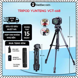 Chân máy ảnh điện thoại Yunteng VCT-668 – Tripod cao 160cm, tải 3kg, gấp gọn 46cm, đầu xoay mượt, kèm remote Bluetooth