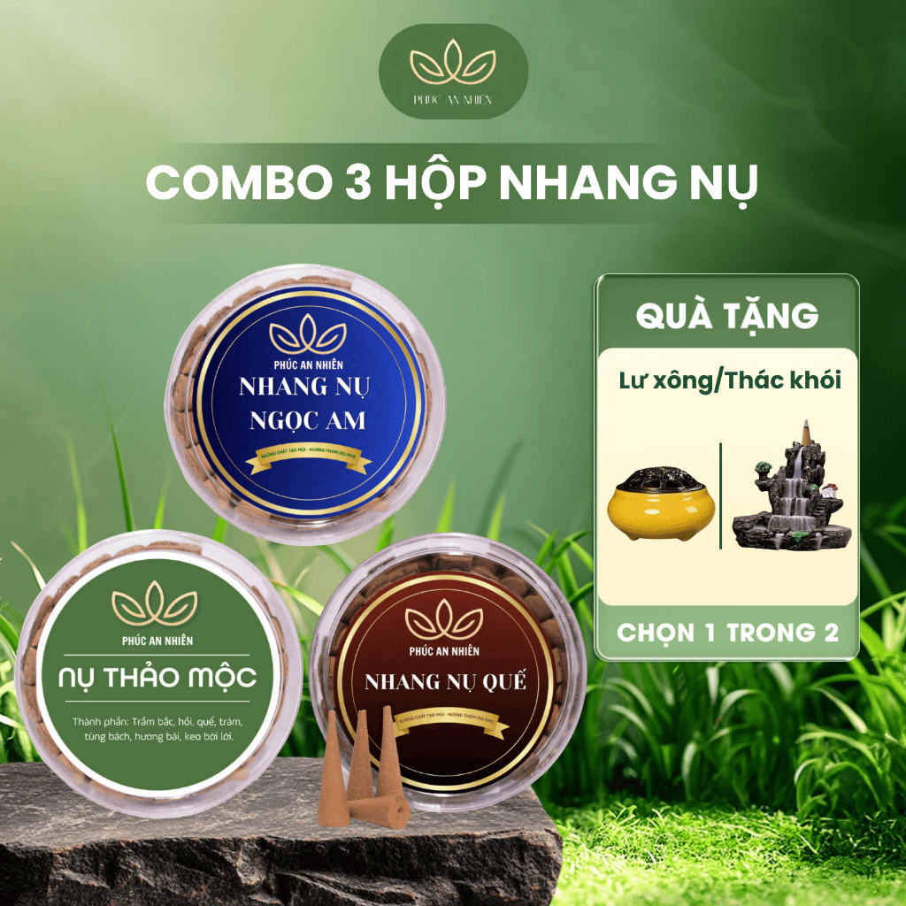 [Tặng Thác Khói/Lư Xông] Combo 3 Hộp Nhang Nụ Quế/Thảo Mộc/Ngọc Am - Phúc An Nhiên, Nhang Xông Nhà Xua Muỗi Thiền Định
