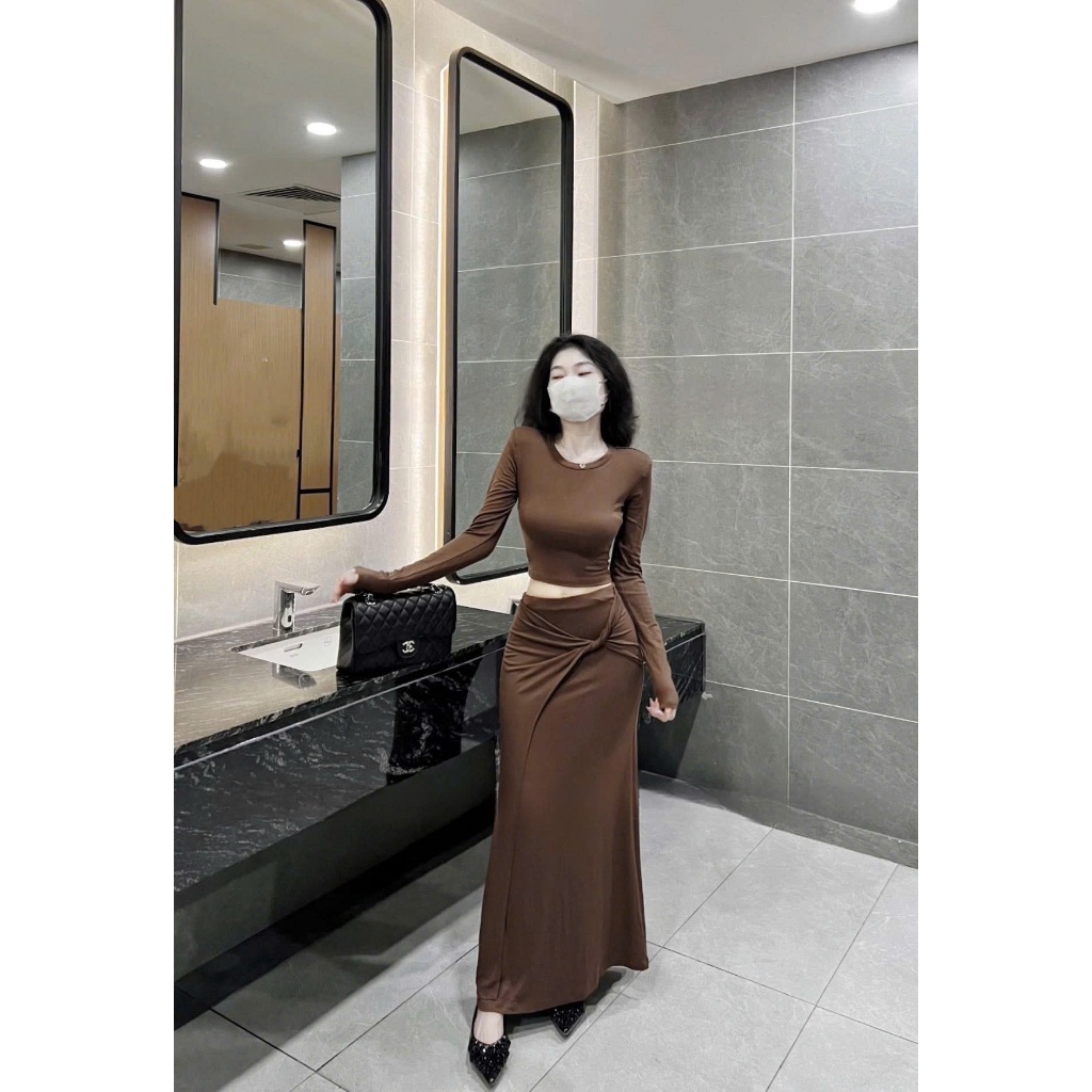 ZIMM STORE - Set đồ nữ ôm body  tay dài phối chân váy suông