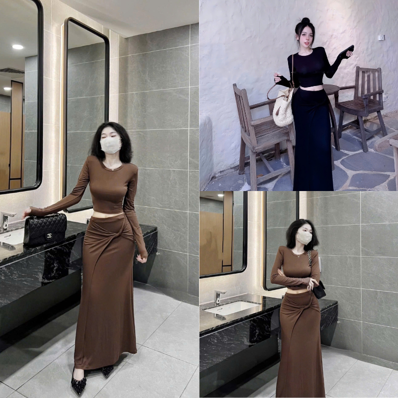 ZIMM STORE - Set đồ nữ ôm body  tay dài phối chân váy suông
