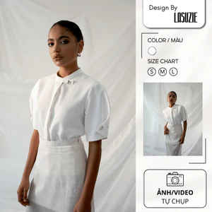 Áo Sơ Mi Chicca Shirt Màu Trắng Tay Phồng Ngắn Cổ Kín Thanh Lịch Sang Trọng Công Sở