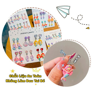 Bông Tai Kẹp Không Cần Xỏ Lỗ, Không Làm Đau Tai Bé-Bộ 6 Đôi Bông Tai Kẹp Hình Ngựa Pony,Tiên Cá,Vương Miệng,Thỏ Đáng Yêu
