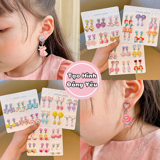 Bông Tai Kẹp Không Cần Xỏ Lỗ, Không Làm Đau Tai Bé-Bộ 6 Đôi Bông Tai Kẹp Hình Ngựa Pony,Tiên Cá,Vương Miệng,Thỏ Đáng Yêu