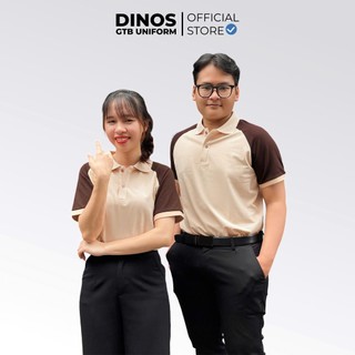 Áo Thun Cổ Trụ Nam Nữ Dinos Chất Thun Cá Sấu Màu Kem Phối Nâu Làm Đồng Phục Nhóm, Lớp,Nhân Viên Quán