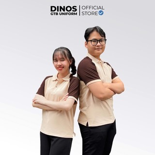 Áo Thun Cổ Trụ Nam Nữ Dinos Chất Thun Cá Sấu Màu Kem Phối Nâu Làm Đồng Phục Nhóm, Lớp,Nhân Viên Quán