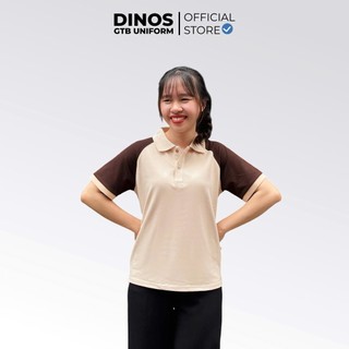 Áo Thun Cổ Trụ Nam Nữ Dinos Chất Thun Cá Sấu Màu Kem Phối Nâu Làm Đồng Phục Nhóm, Lớp,Nhân Viên Quán
