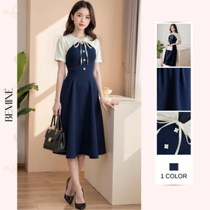 Đầm thiết kế BEMINE cổ tim phối ren hoa đính nơ dáng chữ A phù hợp đi làm-MT11032