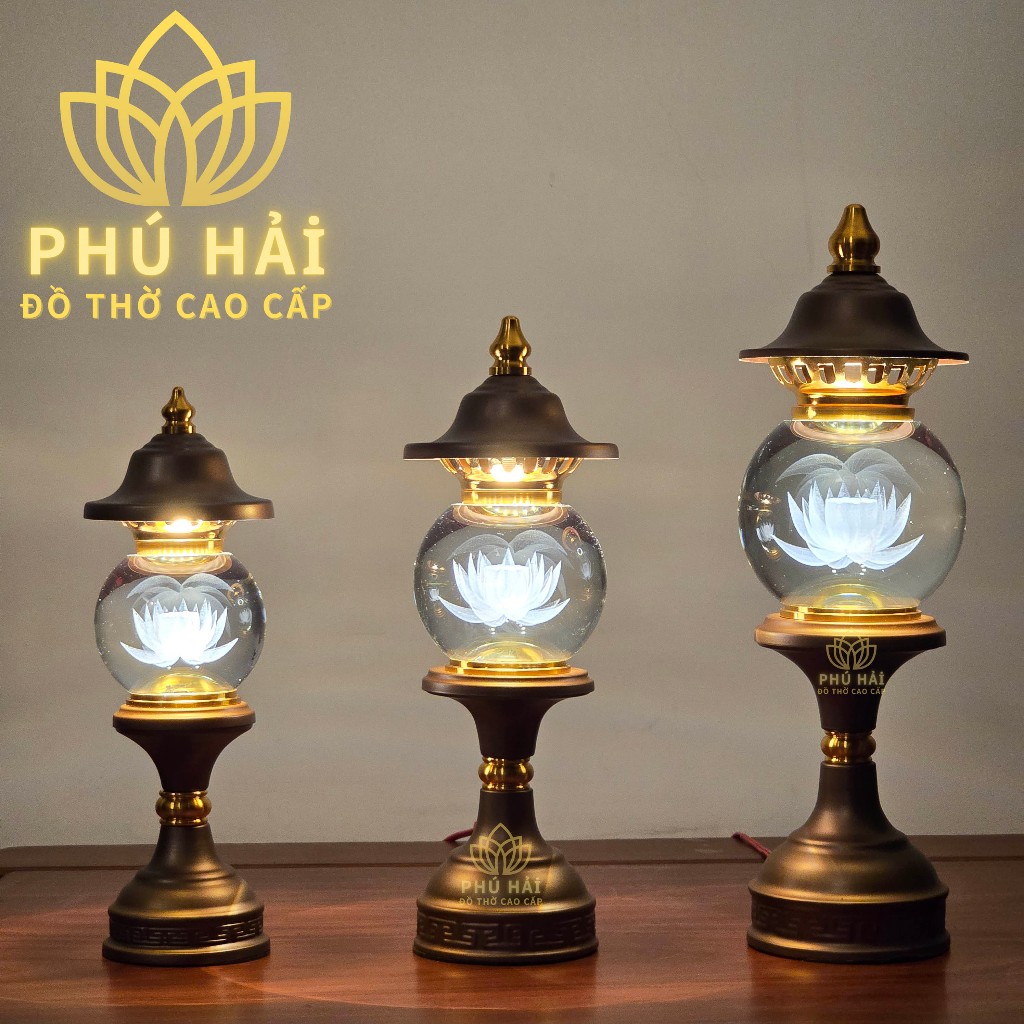 Đèn Thờ Hoa Sen Cầu Pha Lê Thân Hợp Kim Nâu Kích Thước 29 cm 34 cm 40 cm ( Giá Tính 1 Đôi )