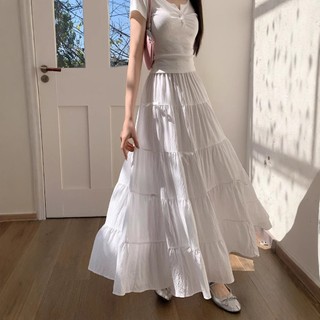 Chân váy dài tầng xoè nữ tính dáng rộng chất voan mỏng lưng thun màu trắng đen VANISA CV058
