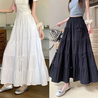 Váy midi dài xếp tầng phối nơ nhẹ nhàng dáng xoè chất voan mỏng 2 màu VANISA CV058
