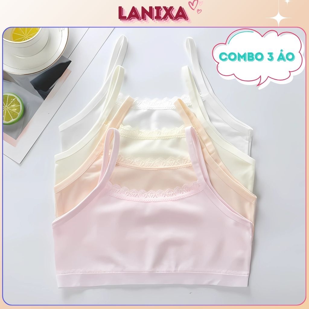 SET 3 Áo lá bé gái tuổi dậy thì cotton dày dặn thấm hút kiểu dáng basic viền ren cute LANIXA