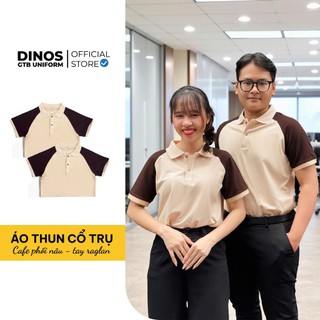 Áo Thun Cổ Trụ Nam Nữ Dinos Chất Thun Cá Sấu Màu Kem Phối Nâu Làm Đồng Phục Nhóm, Lớp,Nhân Viên Quán