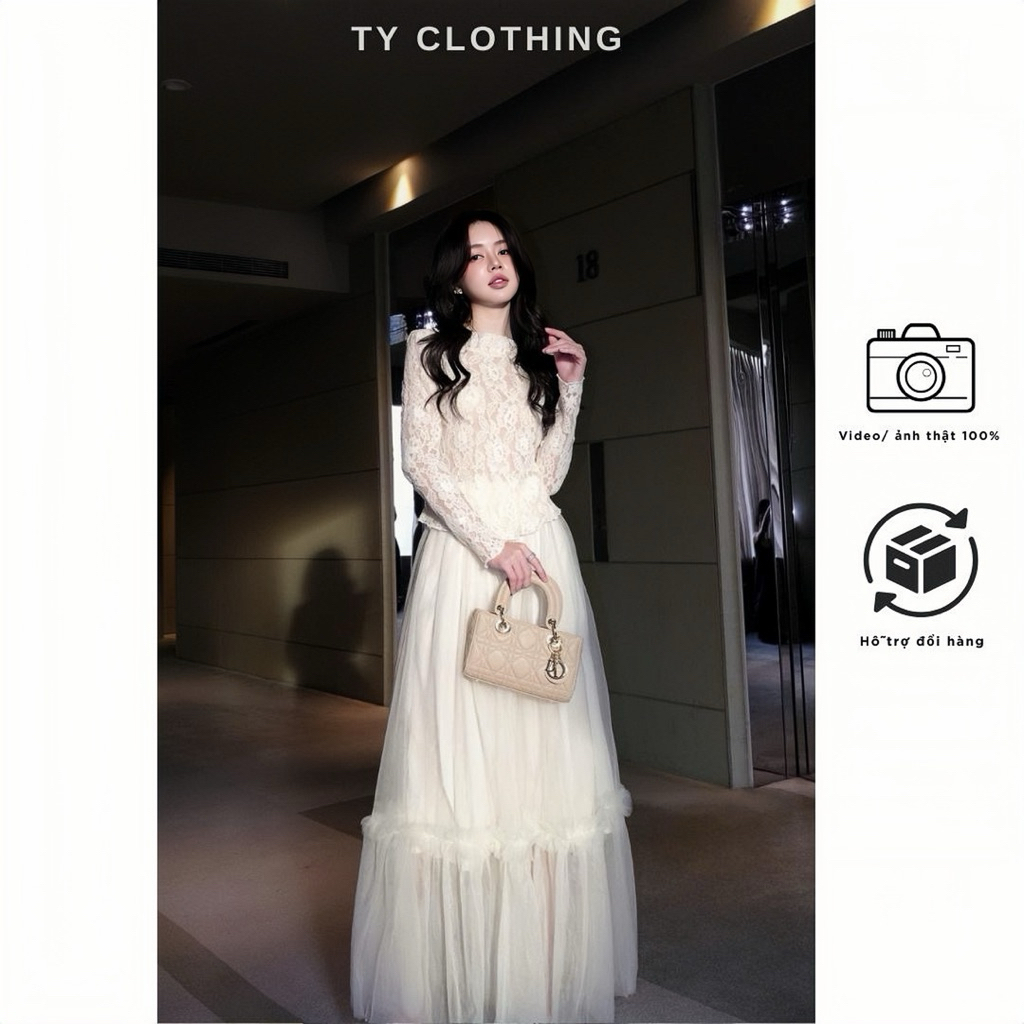 Set Áo Ren Chân Váy Lưới Dài Có Hai Lớp- Hàng Thiết Kế- Màu Be Vàng- TYCLOTHING