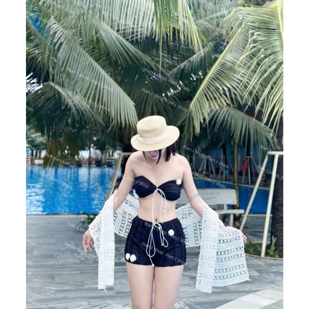 [ BKN 1016 ] Bikini thiết kế ba món REN SHORT đính hoa kèm khăn choàng ren nữ tính HAN.T SHOP
