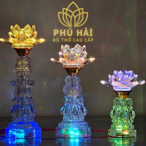 Đèn Thờ Cúng Pha Lê Hoa Sen Thủy Tinh Cao Cấp - Cao 20 26 31 cm -  HCM Tặng Led đỏ cắm điện