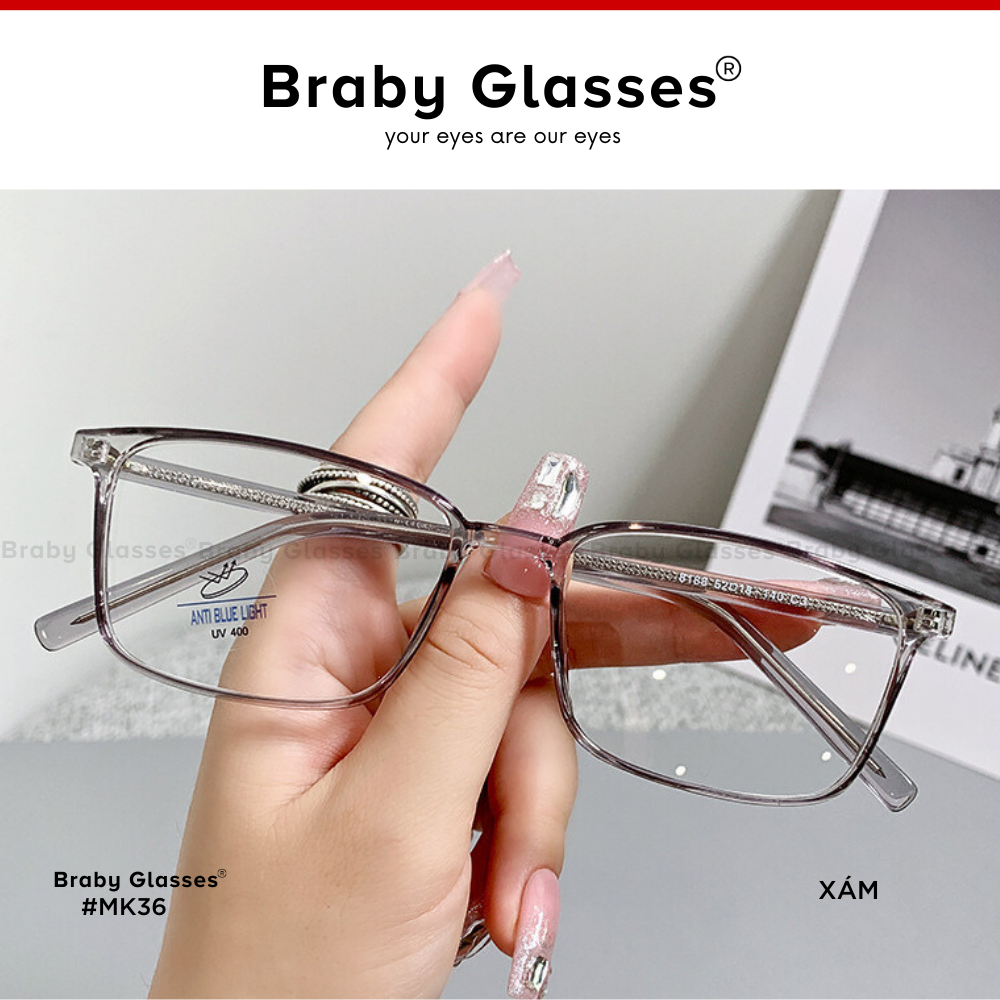 Gọng kính cận vuông unisex trong suốt Braby Glasses phụ kiện thời trang cao cấp nam nữ chất liệu nhựa Acetate MK36