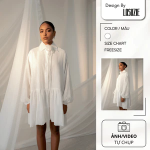 Đầm Trắng Nữ Oversize Bloom Dress LASUZIE Màu Trắng Dáng Suông Tay Dài Cổ Đức Thời Trang