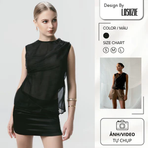 Áo Nữ Xếp Ly Organza Bella Top By LASUZIE Màu Đen Không Tay Dáng Ôm Thiết Kế Sang Trọng Thời Trang Công Sở Đi Tiệc