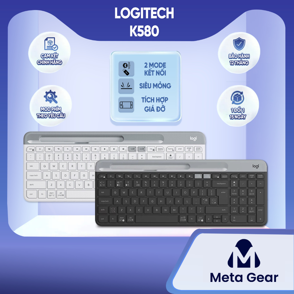 Bàn phím không dây Bluetooth Logitech K580 - Bàn phím không tiếng ồn, Tương thích Win/Mac, 2 mode kết nối
