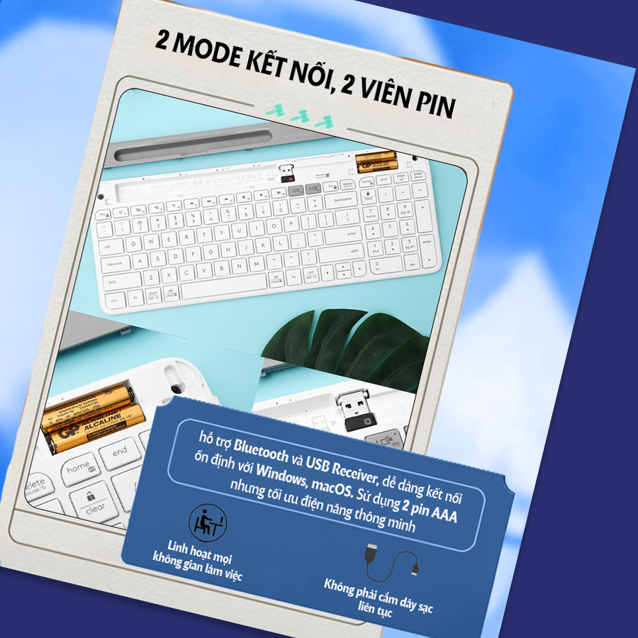 Bàn phím không dây Bluetooth Logitech K580 - Bàn phím không tiếng ồn, Tương thích Win/Mac, 2 mode kết nối