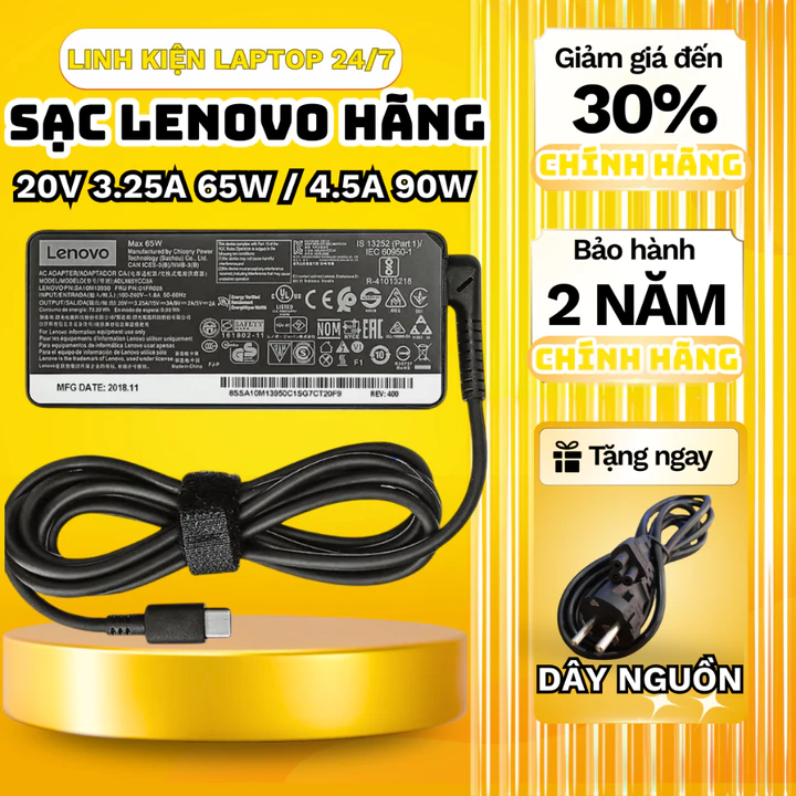 Sạc Laptop LENOVO 65W/90W, Sạc Laptop LENOVO 65W/90W, Sạc Lenovo Chân Vuông USB/Type C/Chân Nhỏ, Sạc Máy Tính Lenovo