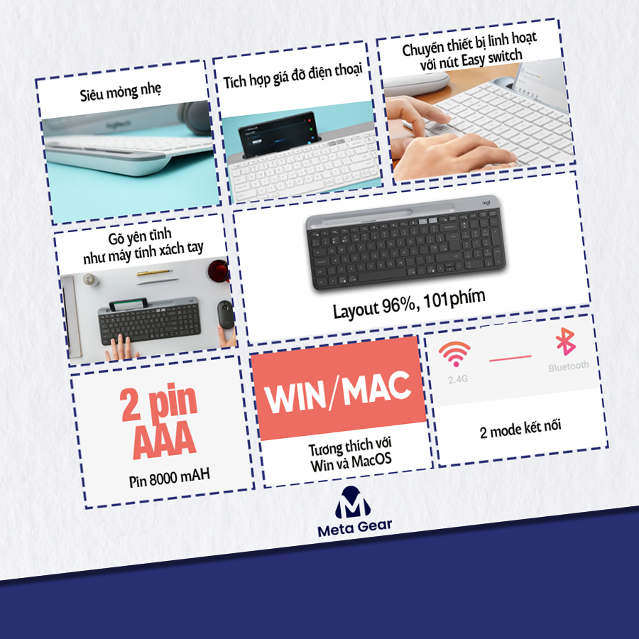Bàn phím không dây Bluetooth Logitech K580 - Bàn phím không tiếng ồn, Tương thích Win/Mac, 2 mode kết nối