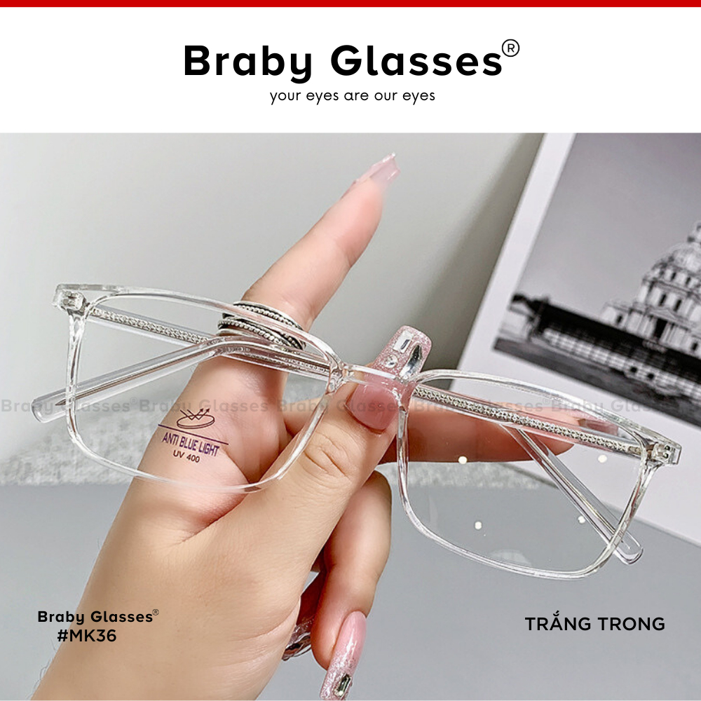 Gọng kính cận vuông unisex trong suốt Braby Glasses phụ kiện thời trang cao cấp nam nữ chất liệu nhựa Acetate MK36