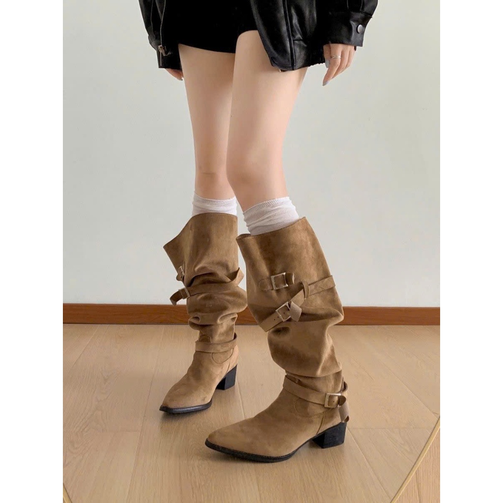 (Sẵn nâu 40) Giày Bốt Dài Mũi Nhọn Cao Gót Dày Phong Cách Anh Quốc Dành Cho Nữ