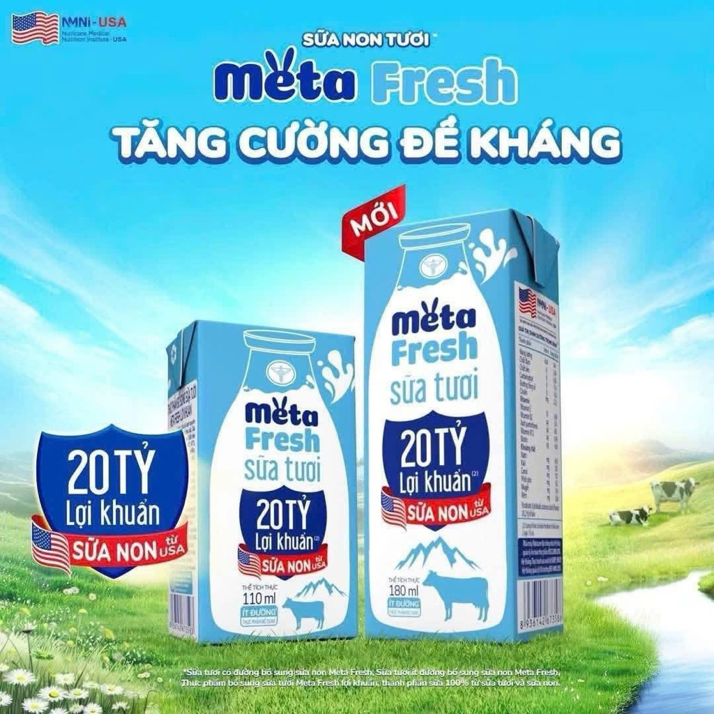 {Siêu hót} Sữa Tươi Meta Fresh 100% sữa tươi bổ sung 20 tỷ lợi 110-180ml - cho cả gia đình