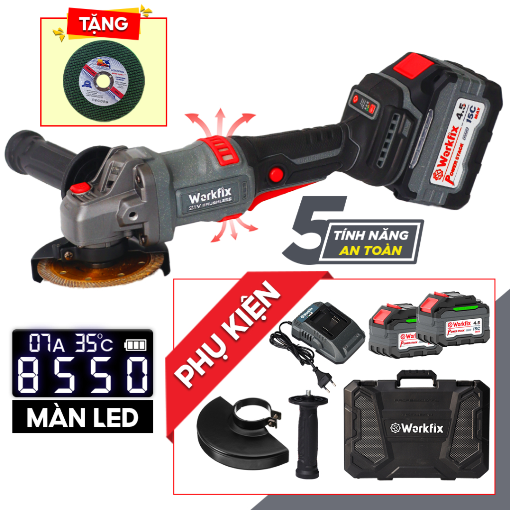 [TẶNG ĐĨA CẮT] Máy mài góc Workfix WF-AG9000ATC - 5 Tính Năng Thông Minh, Có Màn Led, Chuyên Cắt, Cưa, Mài