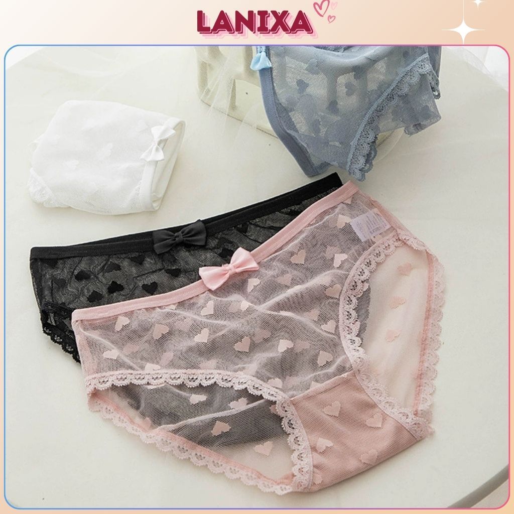 Quần lót nữ ren lưới cao cấp siêu mỏng sexy đính nơ kèm họa tiết dễ thương gợi cảm LANIXA  L256