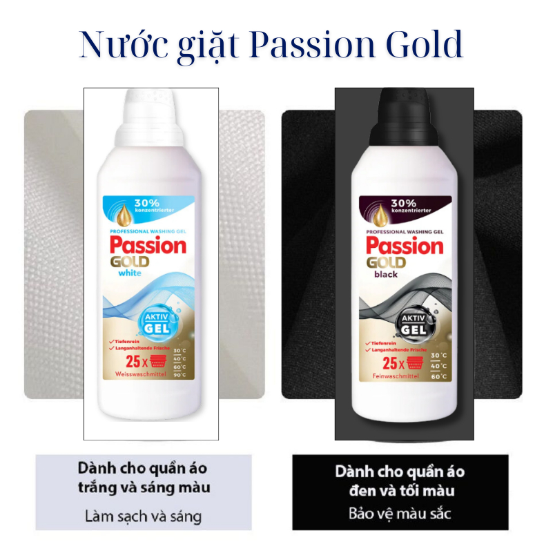 Nước Giặt Passion Gold 1 Lít Chuyên Dụng Cho Quần Áo Trắng và Đen Tối Màu Hàng Đức
