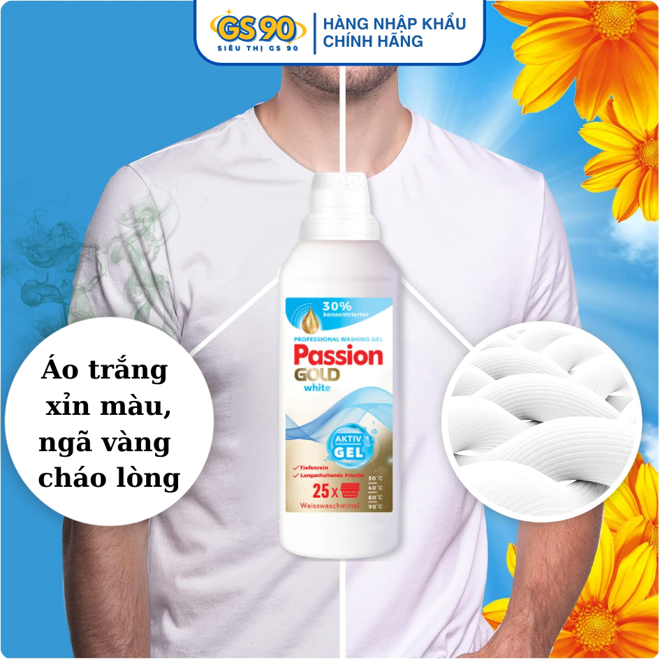 Nước Giặt Passion Gold 1 Lít Chuyên Dụng Cho Quần Áo Trắng và Đen Tối Màu Hàng Đức