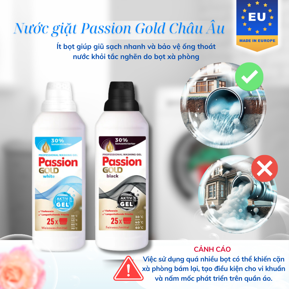 Nước Giặt Passion Gold 1 Lít Chuyên Dụng Cho Quần Áo Trắng và Đen Tối Màu Hàng Đức