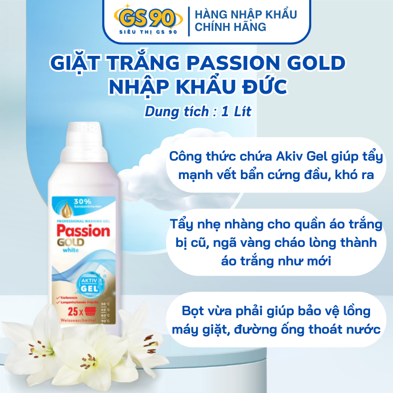 Nước Giặt Passion Gold 1 Lít Chuyên Dụng Cho Quần Áo Trắng và Đen Tối Màu Hàng Đức