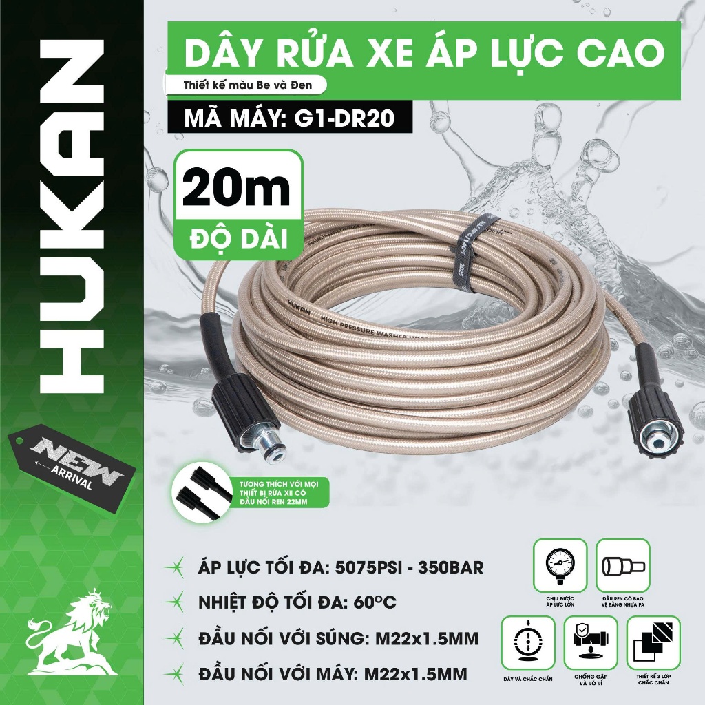[20M] Dây rửa xe áp lực cao HUKAN G1-DR20, Độ dài 20 mét, Chống ngập, Chống rò - Đầu nối M22x1.5mm