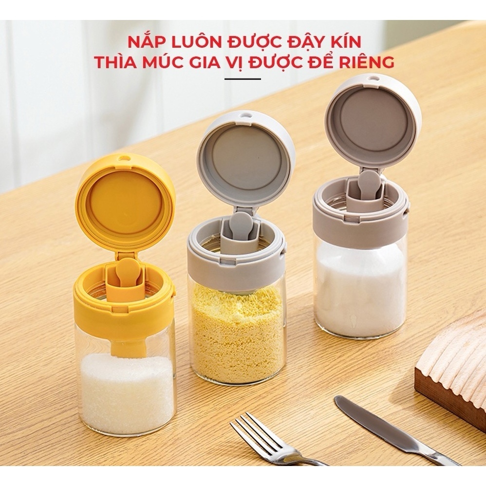 Lọ Đựng Gia Vị Thuỷ Tinh Boro Chống Vỡ Cao Cấp - Hộp Đựng Gia Vị Có Thìa Để Ngăn Riêng Chống Ẩm, Nắp Kín Có Khóa